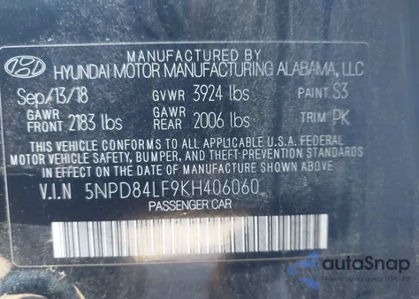 2019 Hyundai Elantra Sel from USA, damaged, VIN 5NPD84LF9KH406060